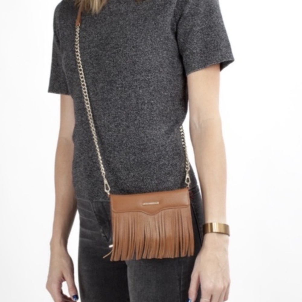 Rebecca Minkoff Fringe Mini Crossbody Bag/Wallet. Brown/Tan/Cognac. 4" x 6.5"